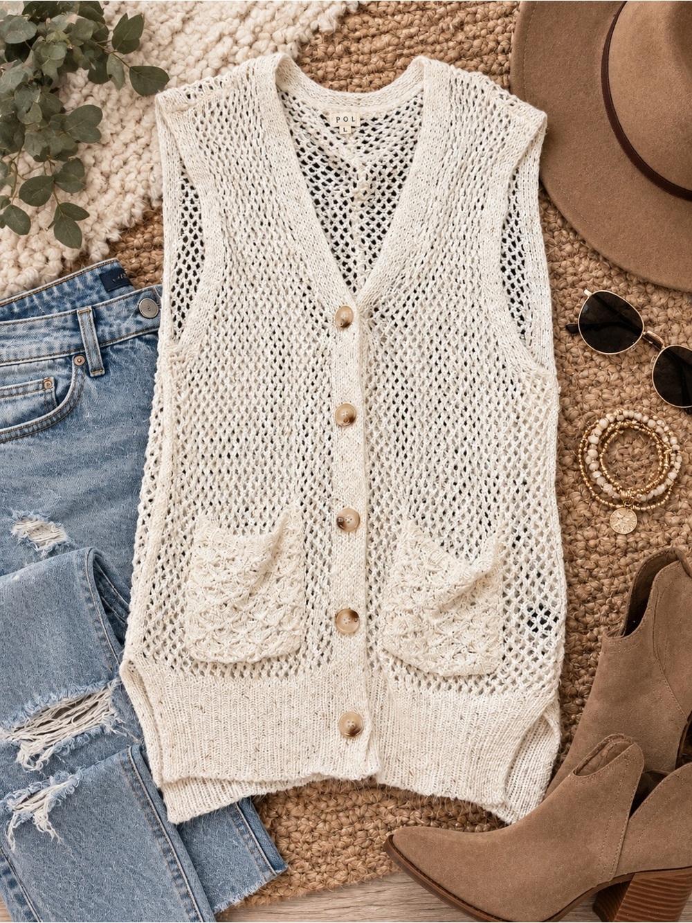 POL Cream Open Knit Crochet Sweater Vest Button Front Boho Cardigan L